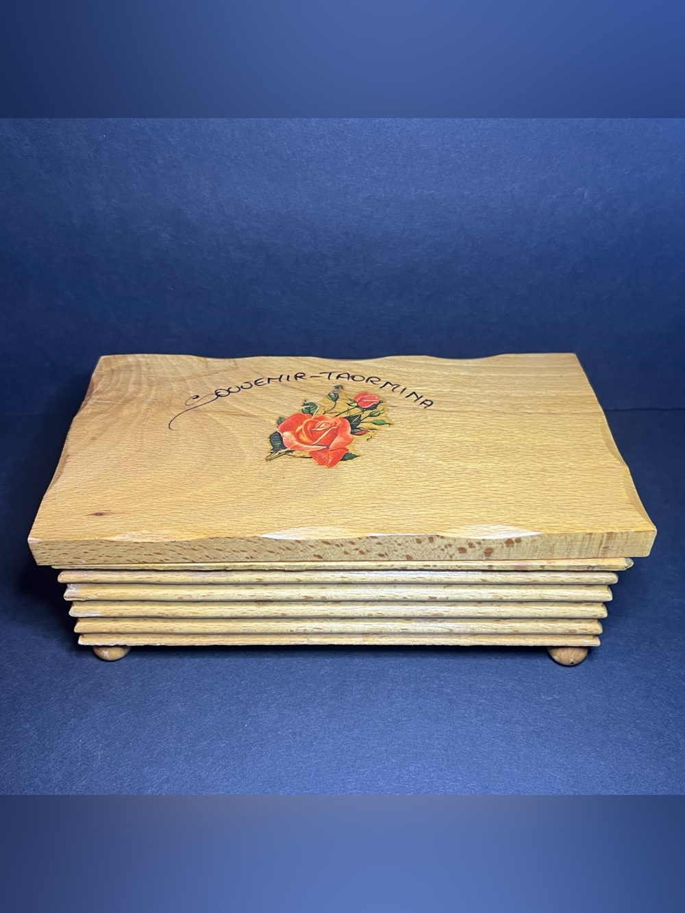 Vintage Wooden Taormina Sicily Italy Souvenir Floral Print Jewelry Trinket Box
